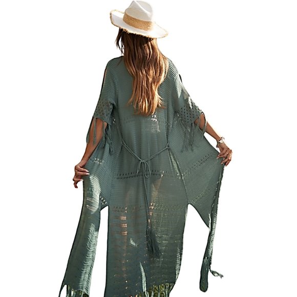 Blue Sage Cold Shoulder Long Fringed Bohemian Cardigan Duster Kimono DWJ8 - Picture 4 of 7